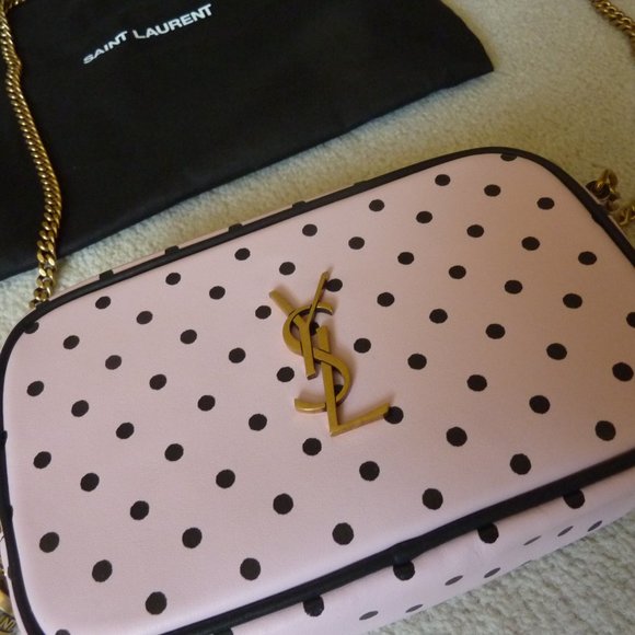 SAINT LAURENT YSL Mini 'Lou' Logo Polka Dot Pattern Leather Crossbody Bag (Pink) - Picture 6 of 12